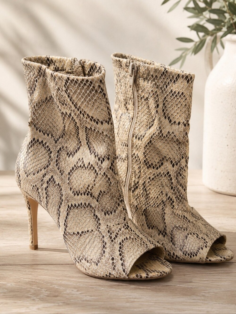Olivia Snakeskin Peep-Toe Stiletto Ankle Booties – Neutral Beige/Tan 7.5